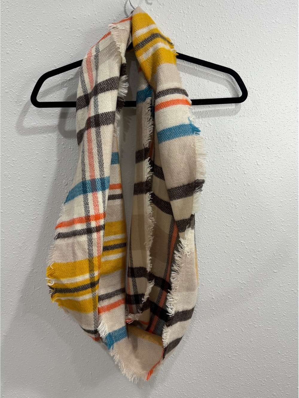 L.I.B. New York Plaid Infinity Scarf 100% Acrylic Mustard Teal Orange Fringe